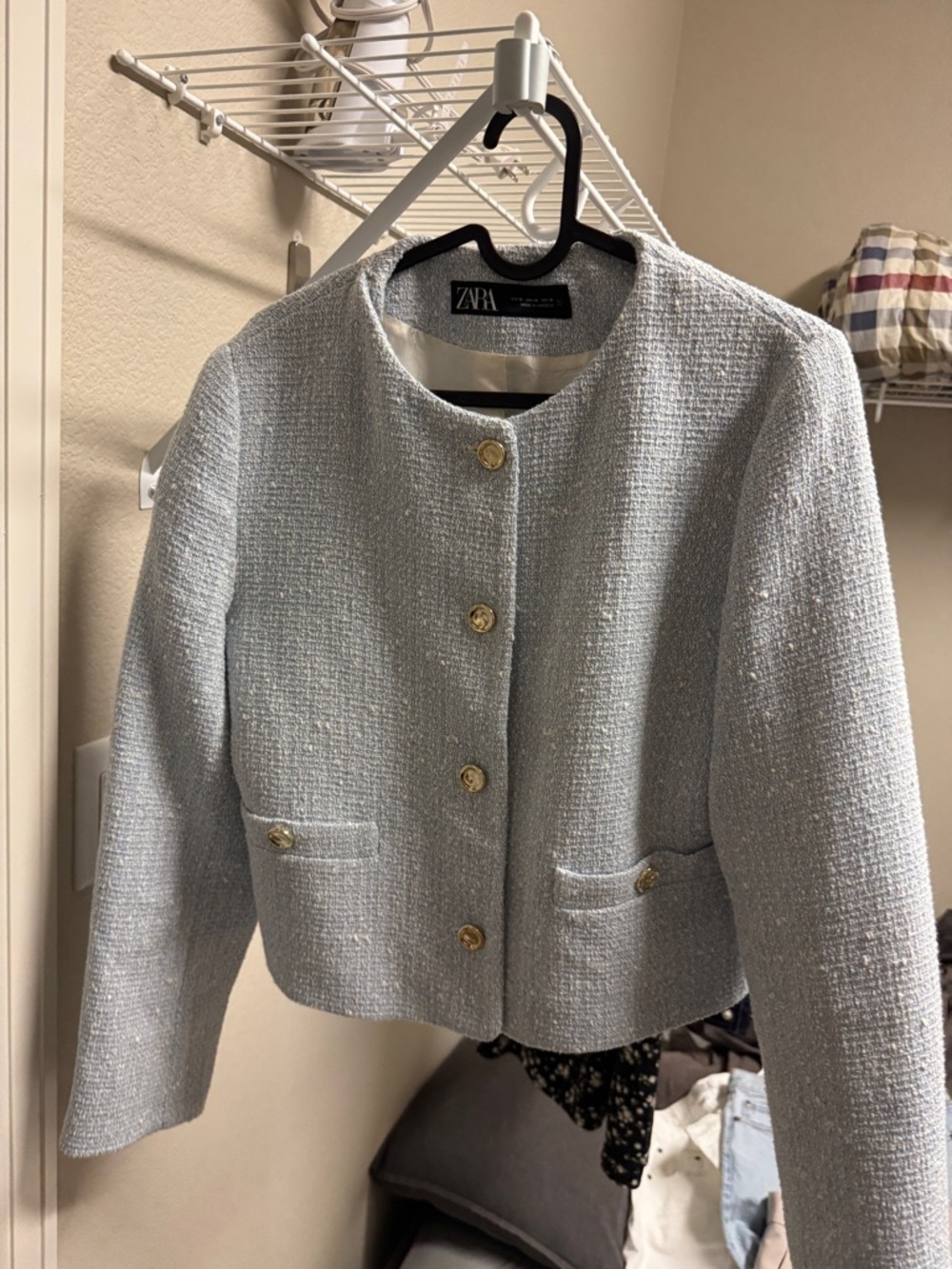 ZARA Pale Blue Tweed Collarless Blazer with Gold Buttons
